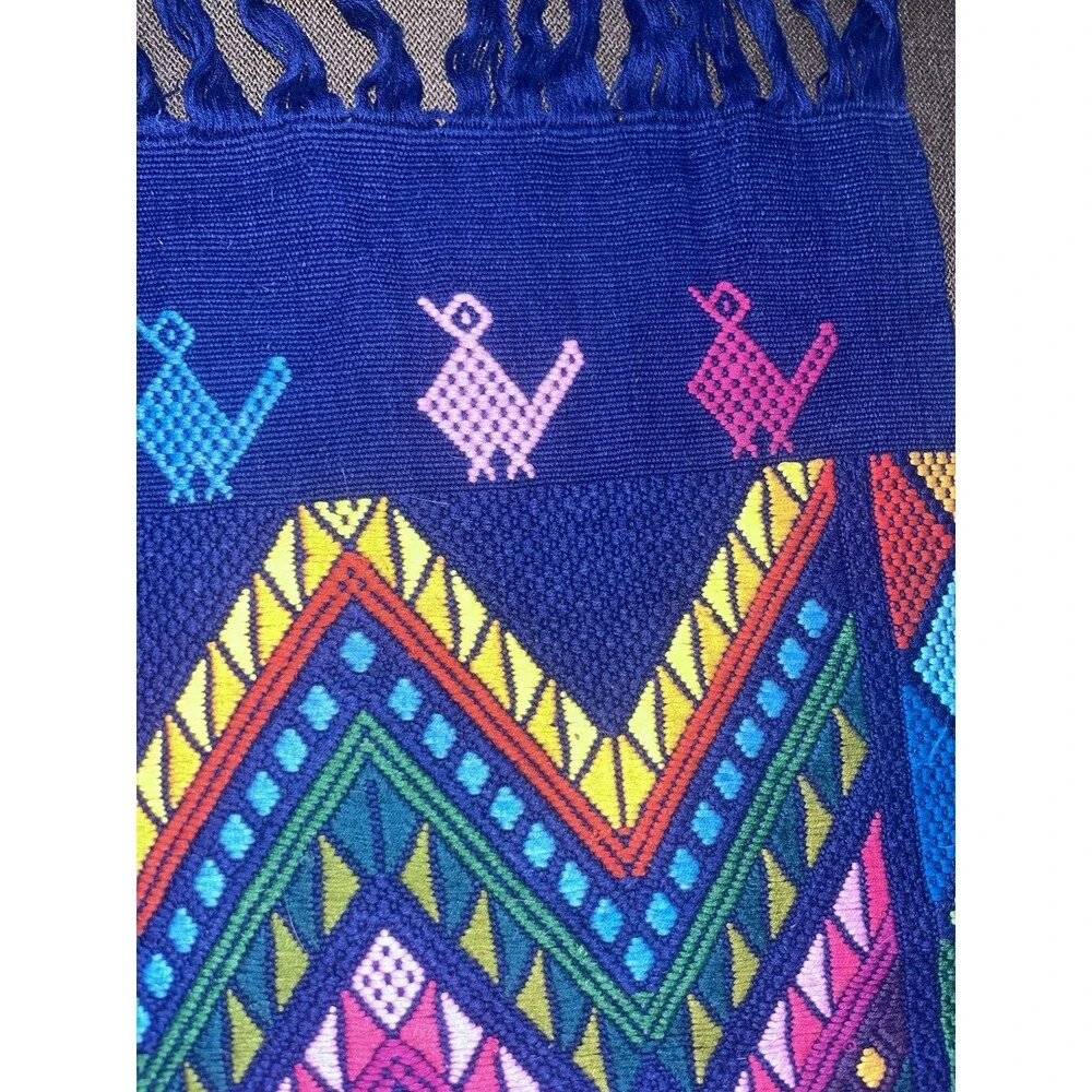 Guatemalan Woven Table Runner Blue Colorful Birds Vibrant Wall Hanging
